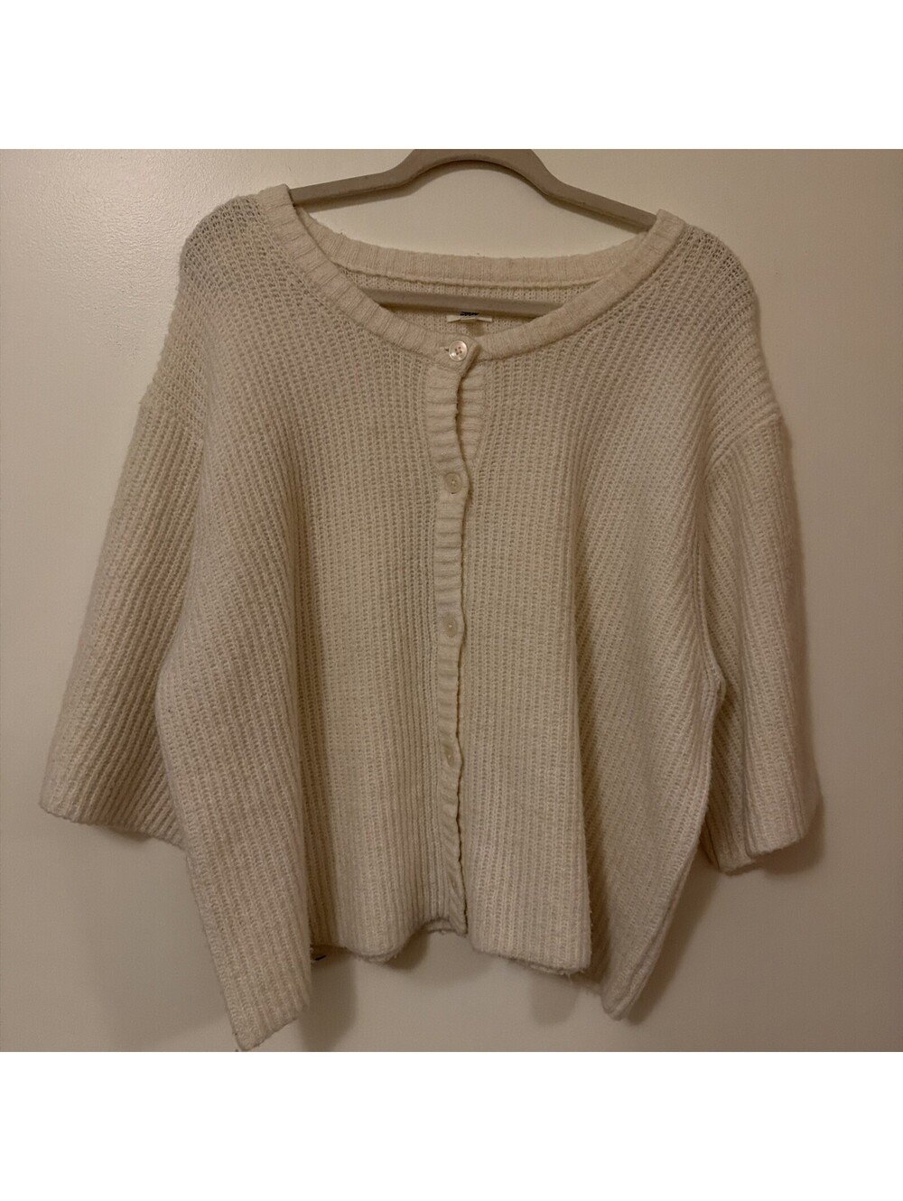 Aerie Cream Knit Button-Front Short Sleeve Crew Neck Cardigan Sweater L